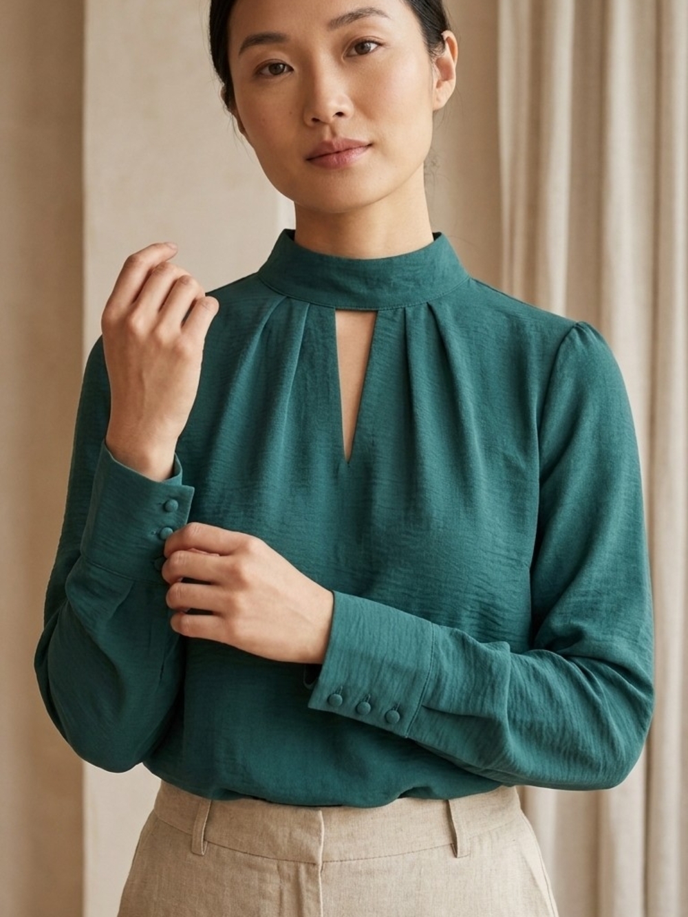 Sfera Teal Mock Neck Keyhole Blouse